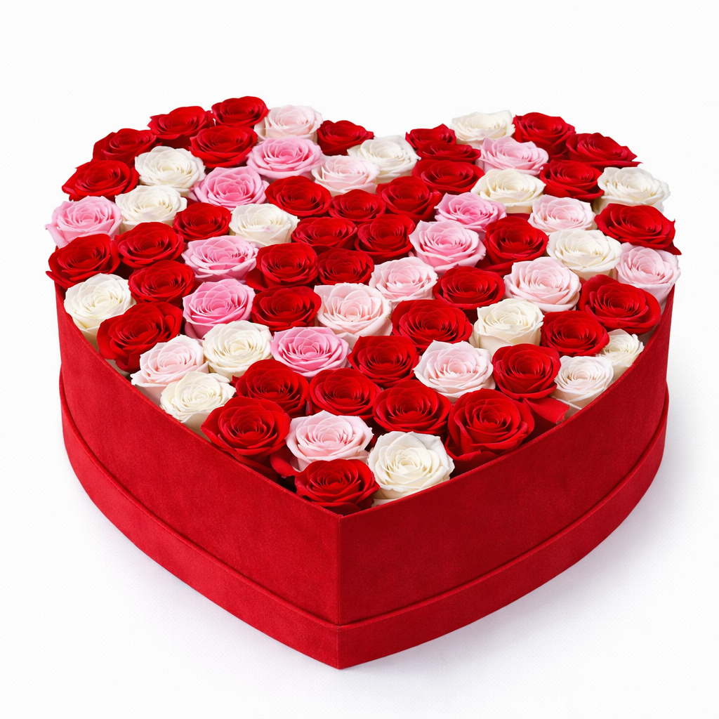 Blushing Love Mix Rose Heart Box (101 Roses)