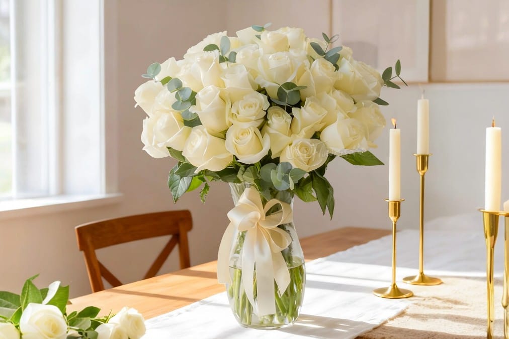 Elegant White Roses Vase – 25 Premium White Roses