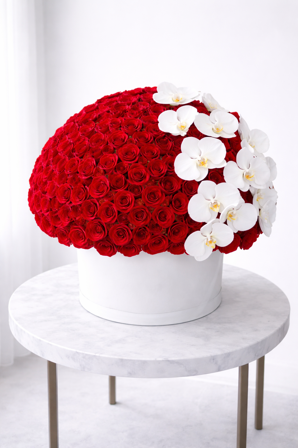 Red Roses & White Orchids Round Arrangement – Luxury Celebration Gift