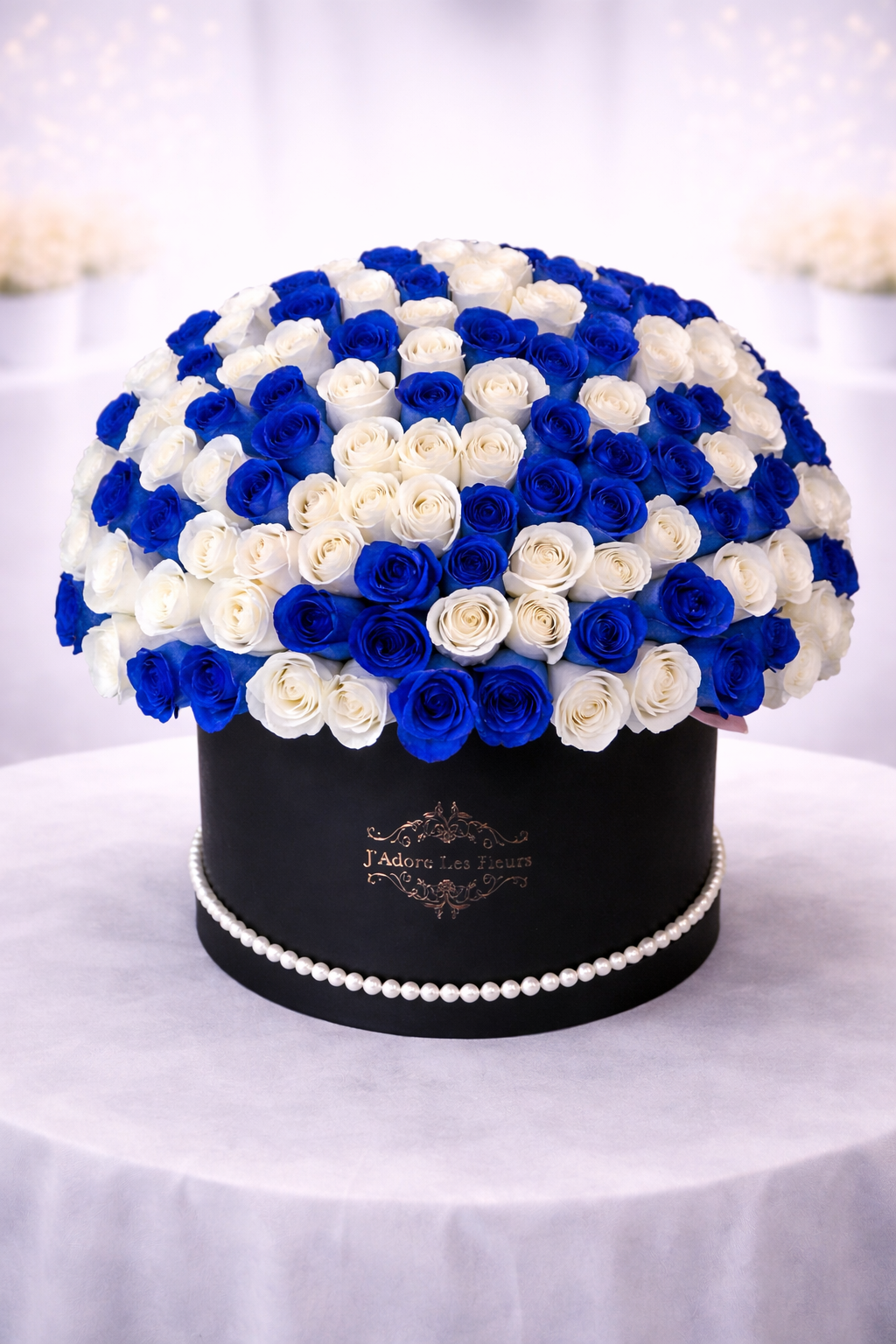 White & Blue Rose Birthday Arrangement – 150 Roses
