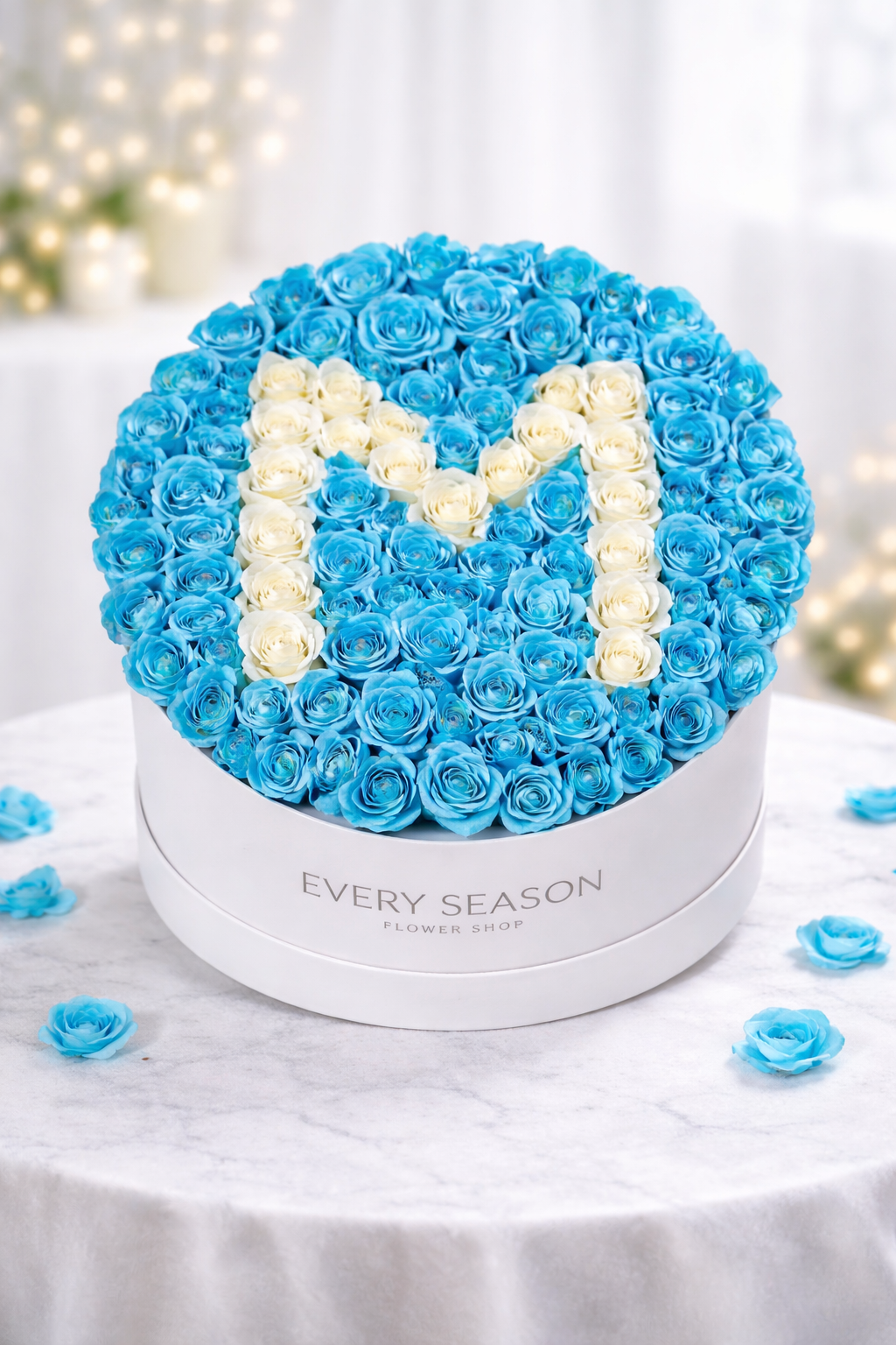 101 Blue & White Roses – Initial Letter Box Arrangement