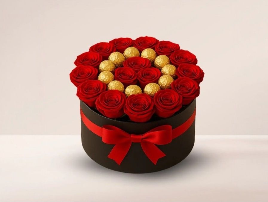 Box of Red Roses with Ferrero Rocher Chocolates