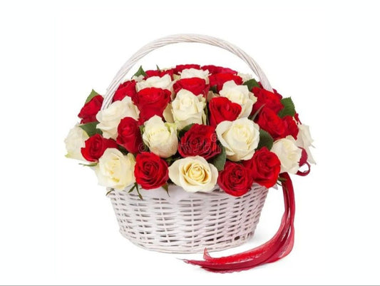 Red and white roses in basket