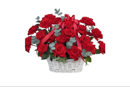 21 Red Open Roses Basket