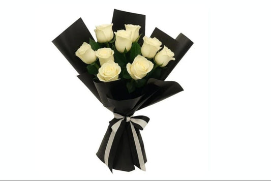 9 White Roses with Black Cover