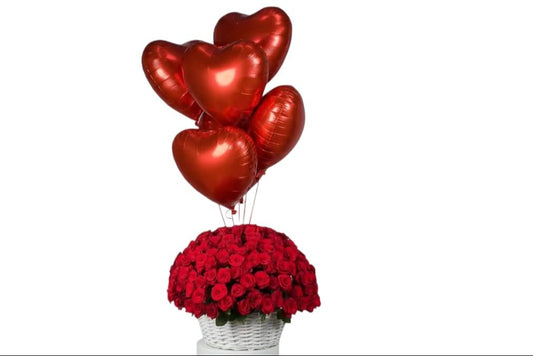 201 Red Rose Basket with 5 Heart Balloons