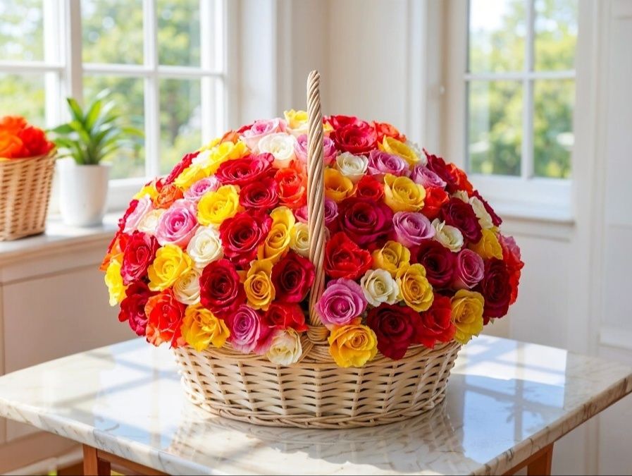 Mixed Color Roses in a Basket