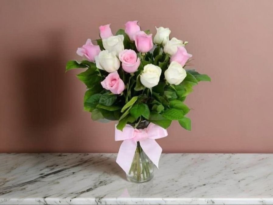White Vase With Pink Roses