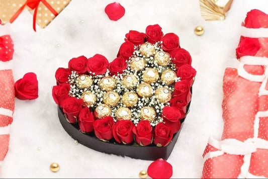 Heart Of Red Roses And Ferrero Rocher Chocolates