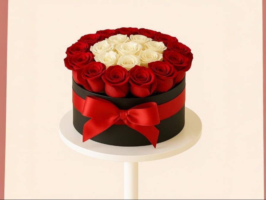 half red roses & white roses in box