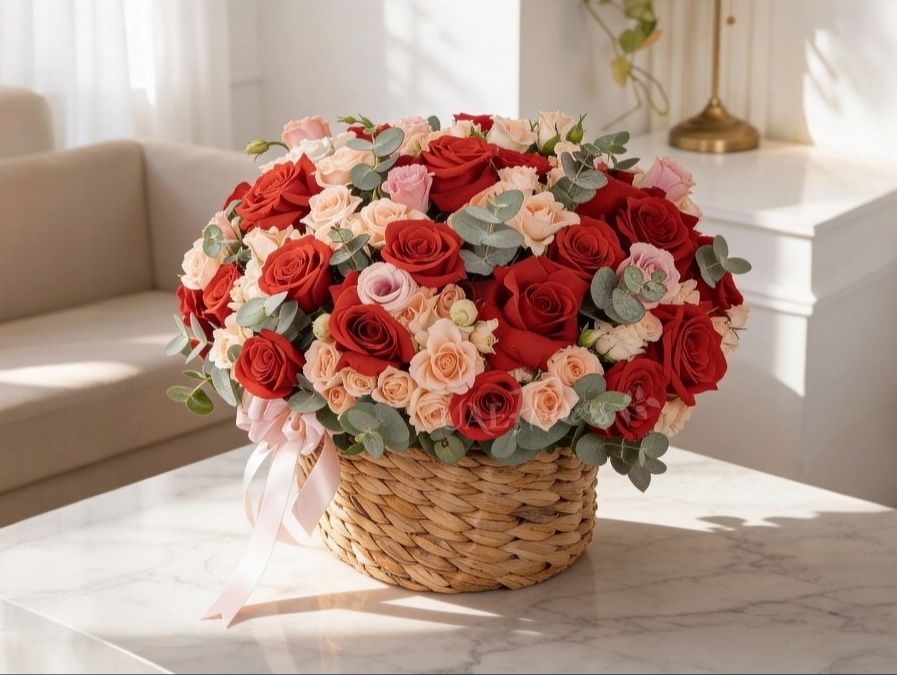 Red & Pink Roses Basket