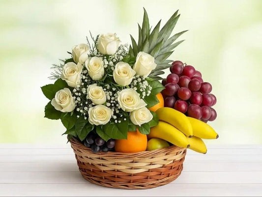 Charming White Roses And Fruit Basket
