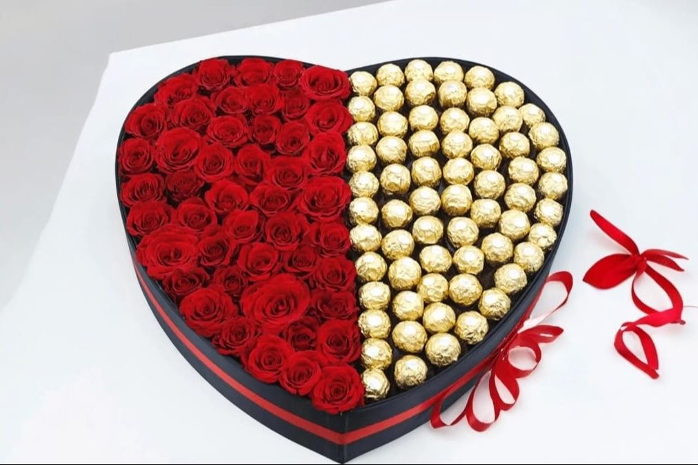Red Roses and Ferrero Rocher in Heart Box