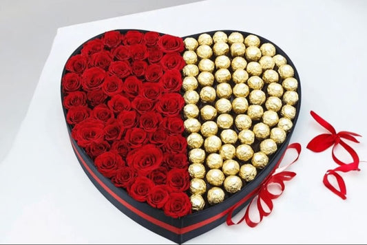 Red Roses and Ferrero Rocher in Heart Box