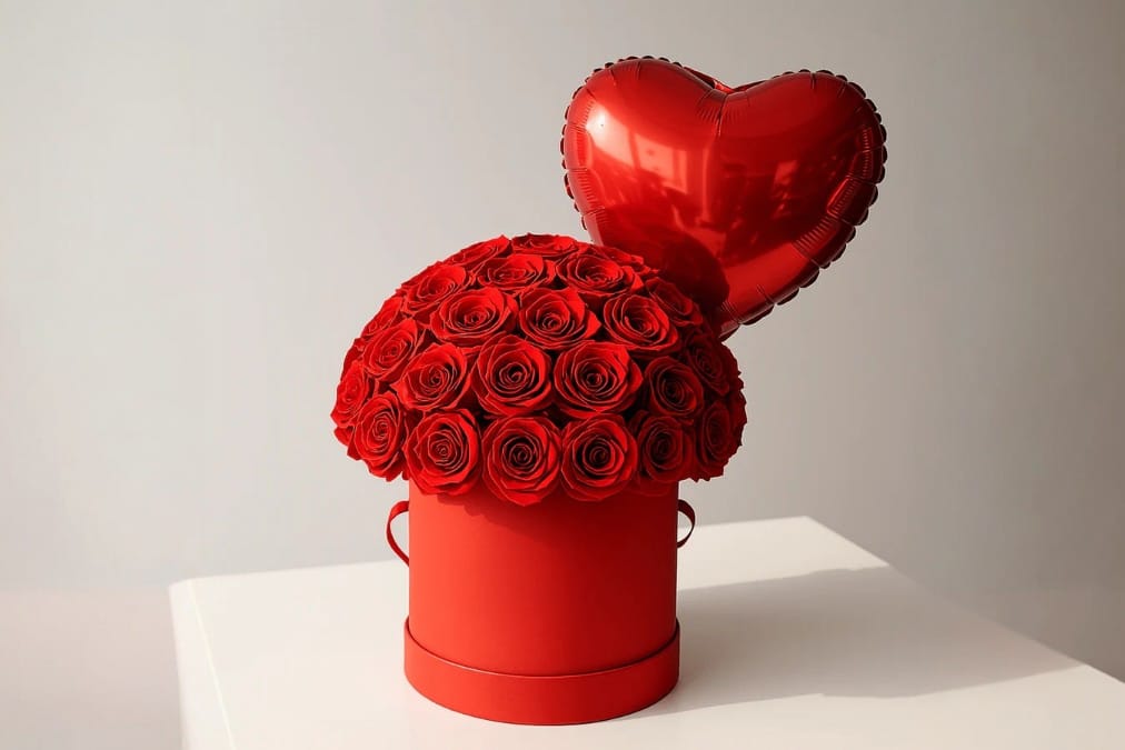 Day of Love Box – 30 Red Roses with Balloon Surprise Gift