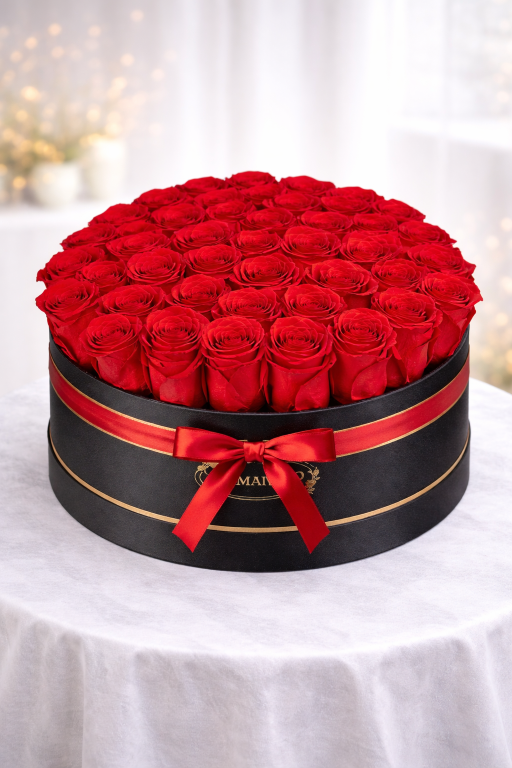Forever Love Red Roses – Black Round Box (50 Roses)