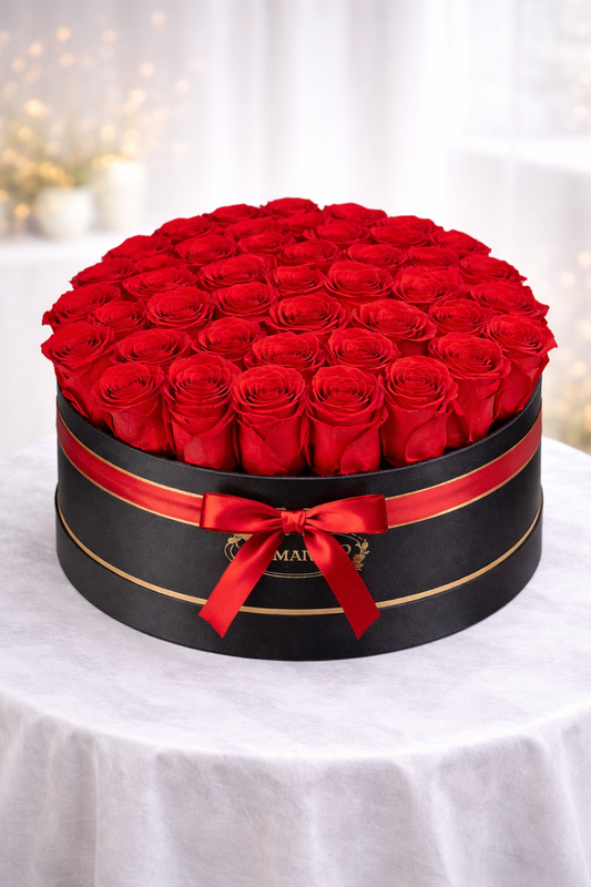 Forever Love Red Roses – Black Round Box (50 Roses)