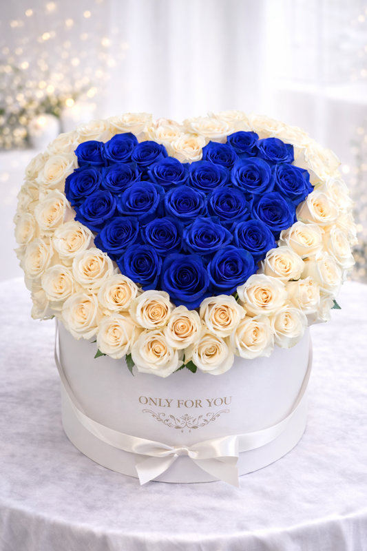 Forever Only You Heart Box – 110 Blue & White Roses