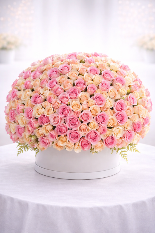 Peach & Pink Roses Round Arrangement – Birthday Special (225 Roses)