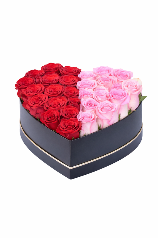 Red & Pink Heart Rose Box – 40 Roses