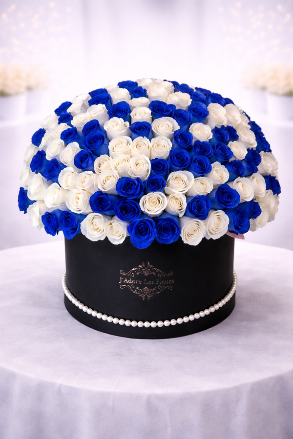 White & Blue Rose Birthday Arrangement – 150 Roses