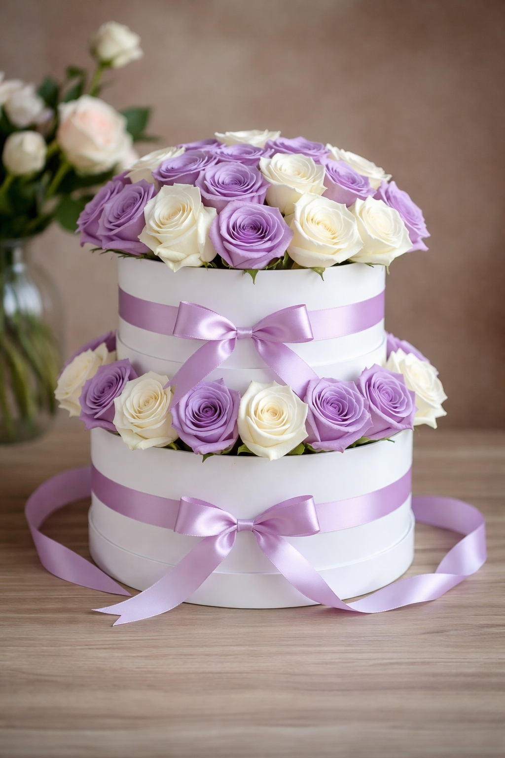 White & Purple Rose Round Arrangement – Luxury Gift Box