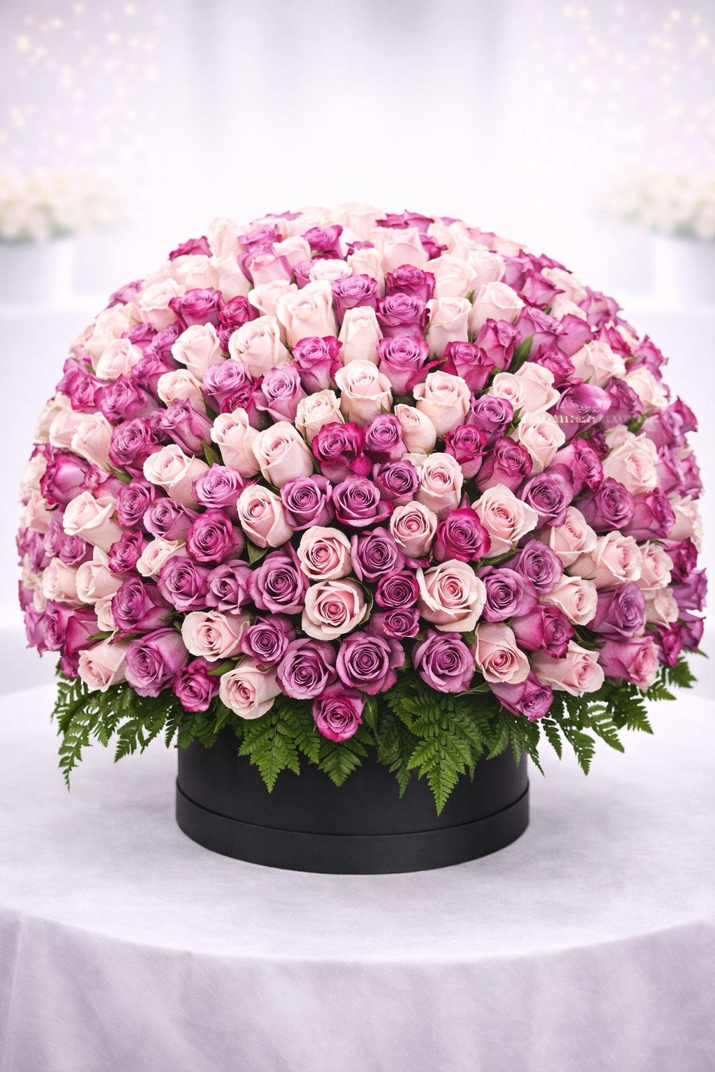 White & Purple Roses Round Arrangement – 300 Roses