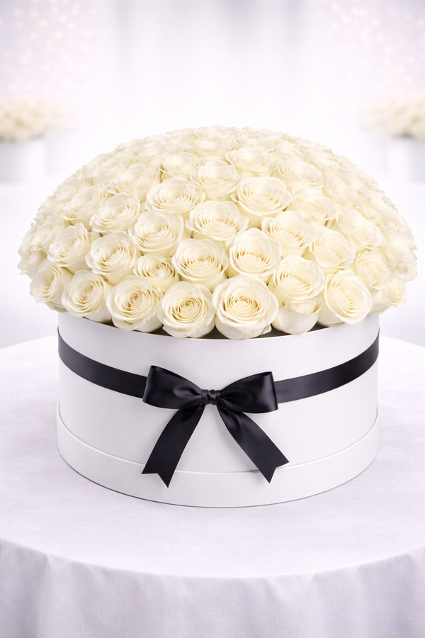 White Roses Round Surprise Box – 75 Roses