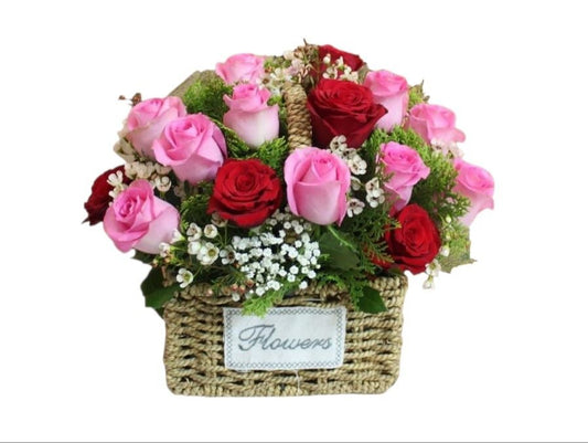 Pink Roses in White Fresh Basket