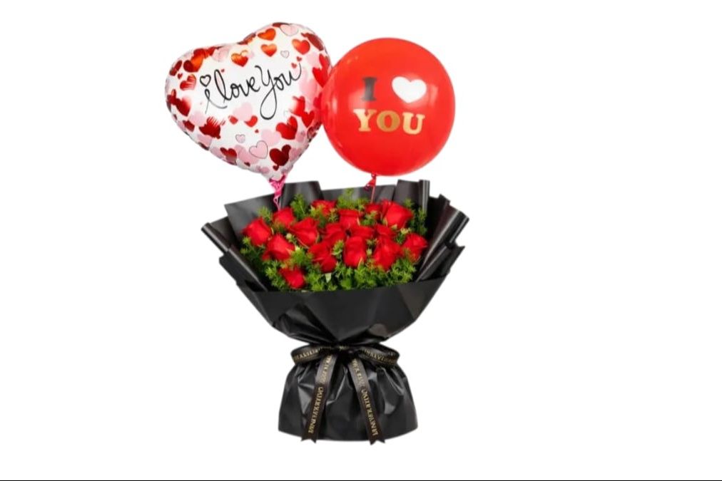 15 Red Roses with 2 Love heart-shaped Balloons