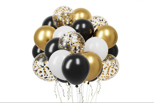 White Black Gold Confetti Balloon Bunch