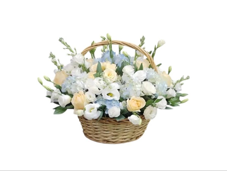 White Lisianthus Blue Basket