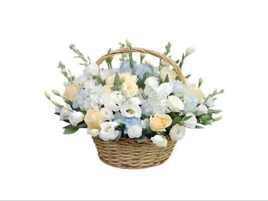 White Lisianthus Blue Basket