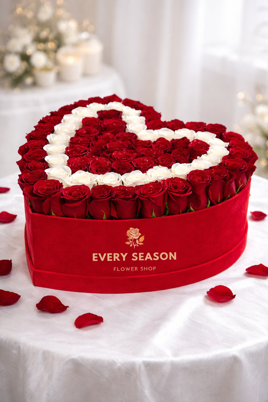 101 Red & White Roses – Heart Box Arrangement